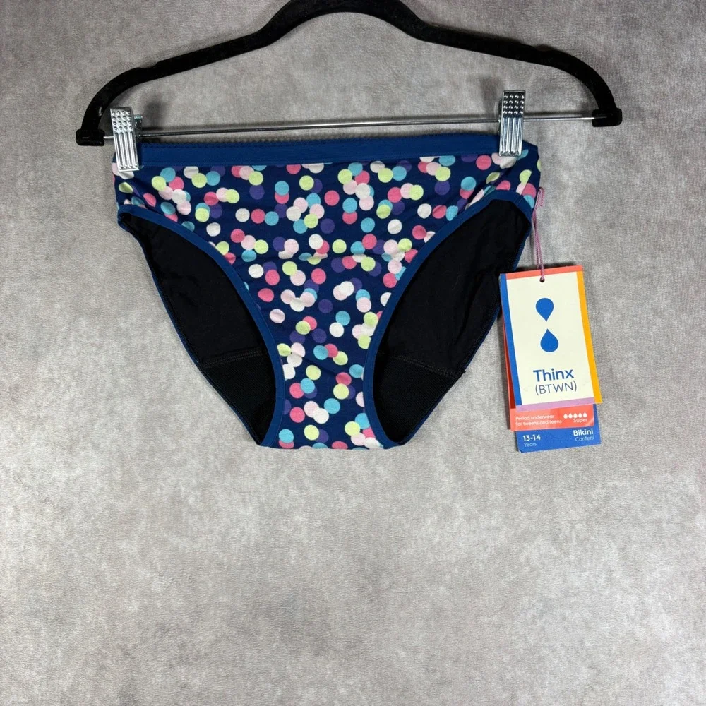Thinx Period Underwear Girls 13-14 Blue Confetti Bikini Super Absorbency NEW